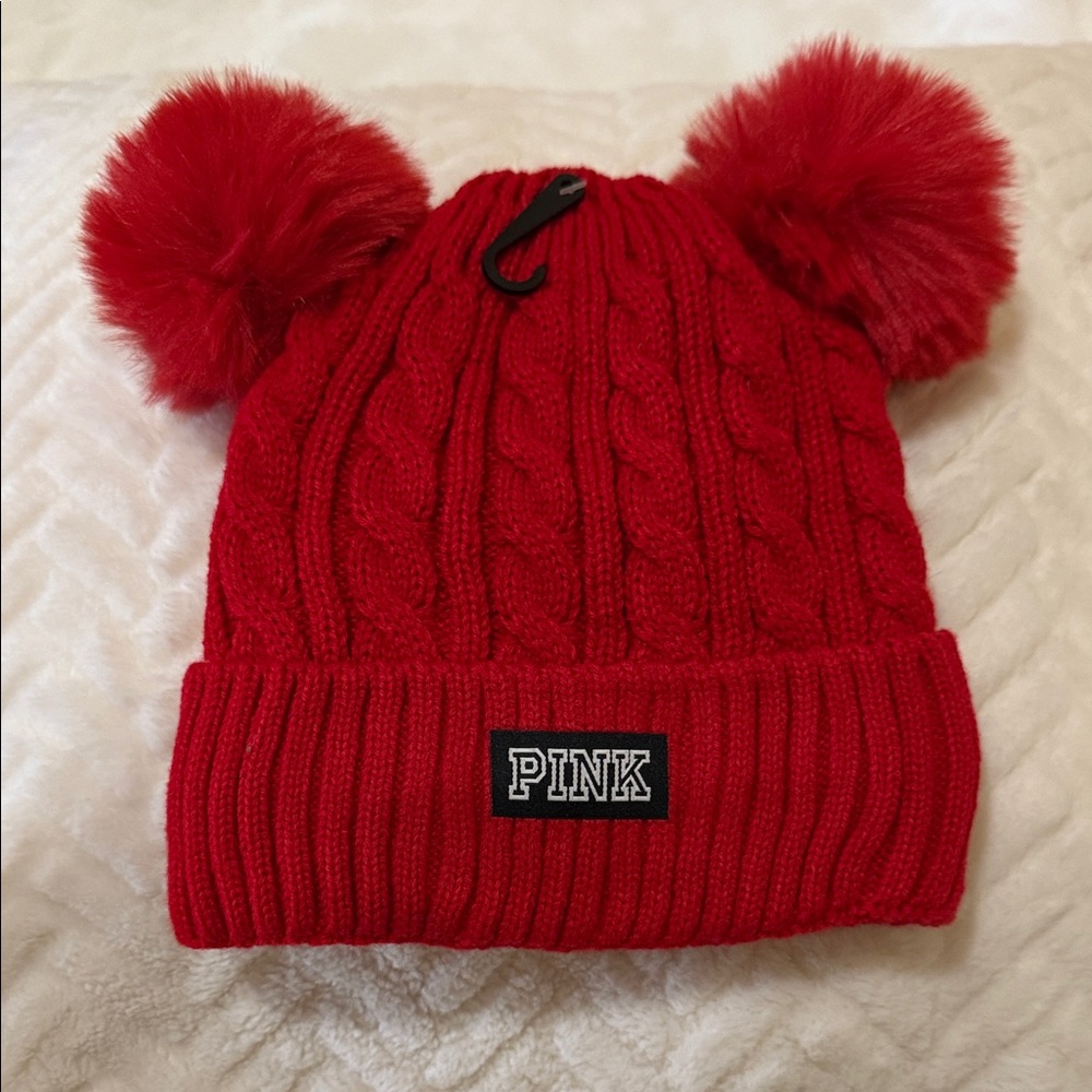 SOLD OUT- PINK Victoria's Secret Red Cable Knit Beanie, adult size. - Picture 2 of 6